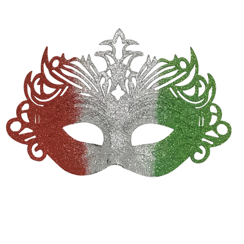 Red, Silver and Green Glittered Hard Plastic Ornate Mask with Ribbon Tie (Each)