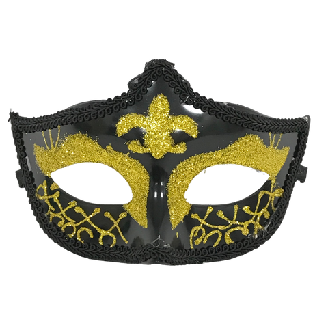 Black and Gold Hard Plastic Glittered Mask with Fleur de Lis with Ribbon Tie (Each)