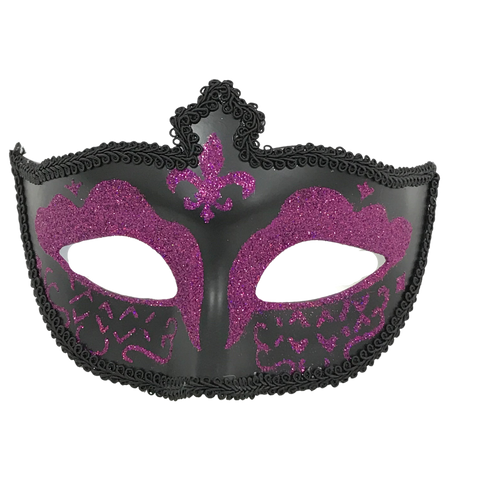 Black and Pink Hard Plastic Glittered Mask with Fleur de Lis with Ribbon Tie (Each)