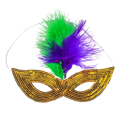 Gold Sequin Mask with Purple and Green Feathers and Elastic Band (Each – Mardi  Gras Spot
