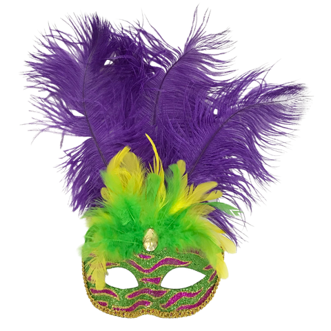 Green and Purple Striped Mask with Purple, Green and Gold Feathers (Ea – Mardi  Gras Spot
