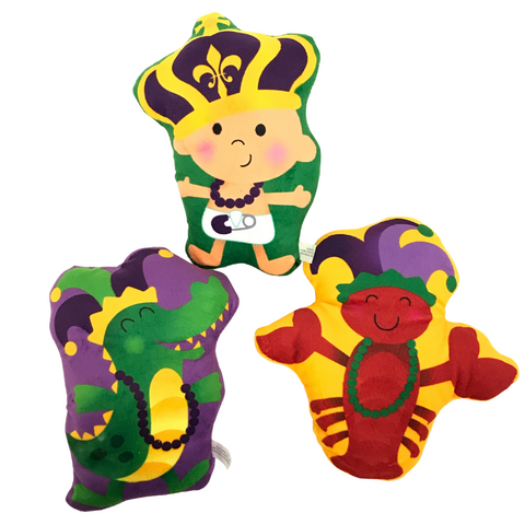 8" Carnival Mascots King Cake Baby, Crawfish and Alligator Assorted Plush Pieces (Dozen)