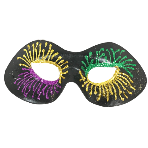 3.5" x 9" Black Mask with Purple, Green and Yellow Glitter Fireworks (Each)