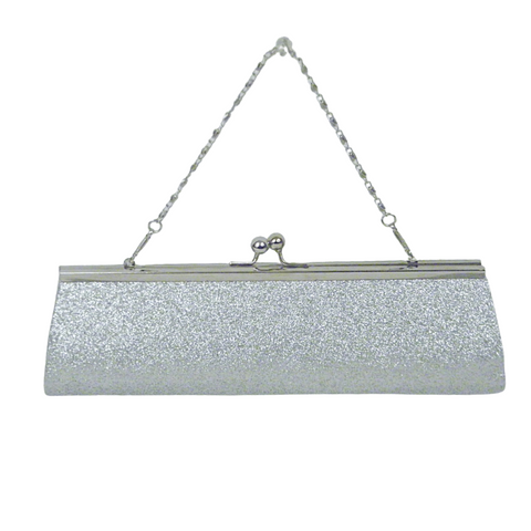 Large Silver Glitter Clutch Purse 9.5" x 4.5" with Chain (Each)