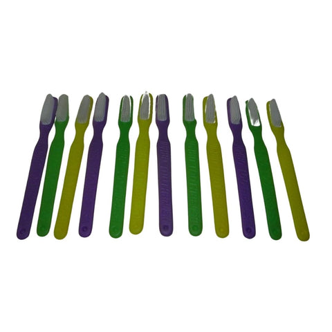 11" Plastic Toothbrush - Assorted Purple, Green and Gold (Dozen)