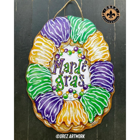 King Cake with "Mardi Gras" Door Hanger (Each)